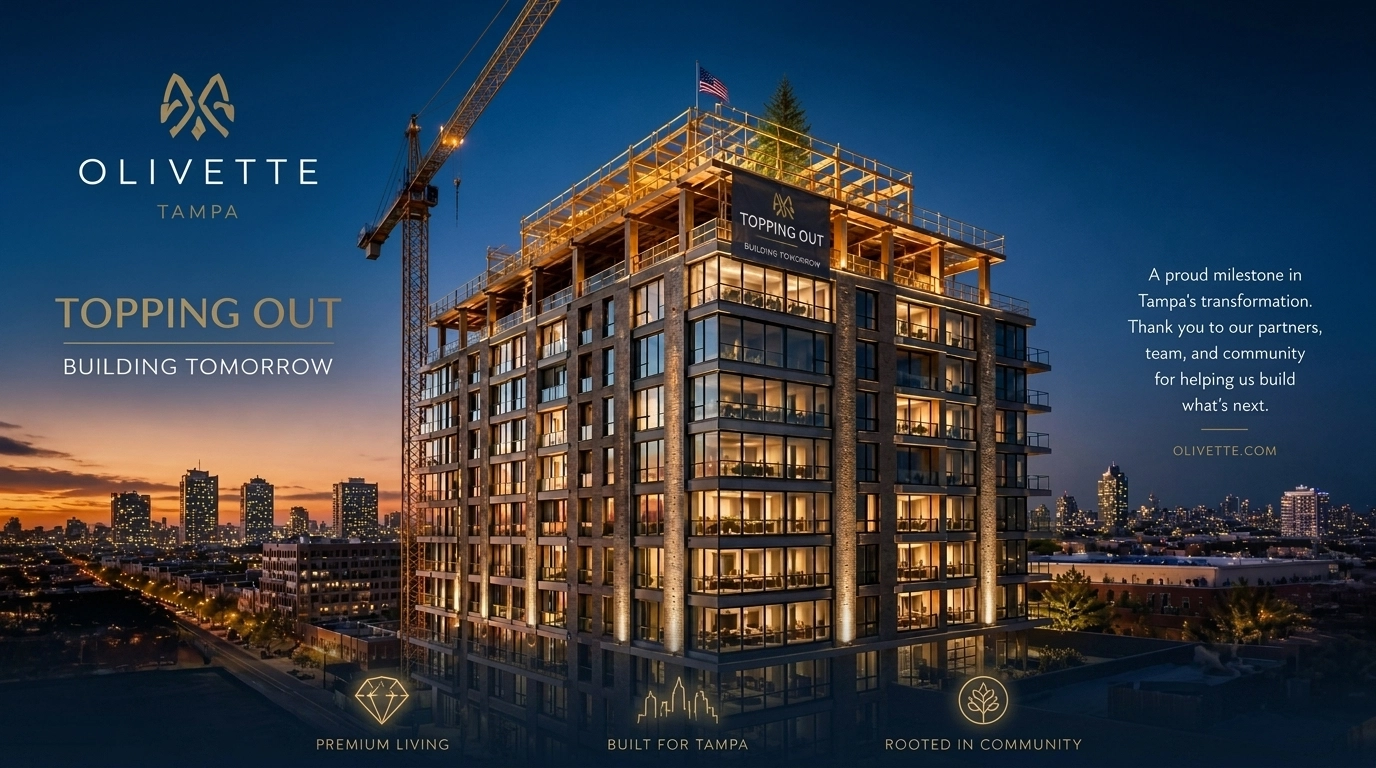 The Olivette building topping out, showcasing modern urban living in the Tampa Gasworx district.
