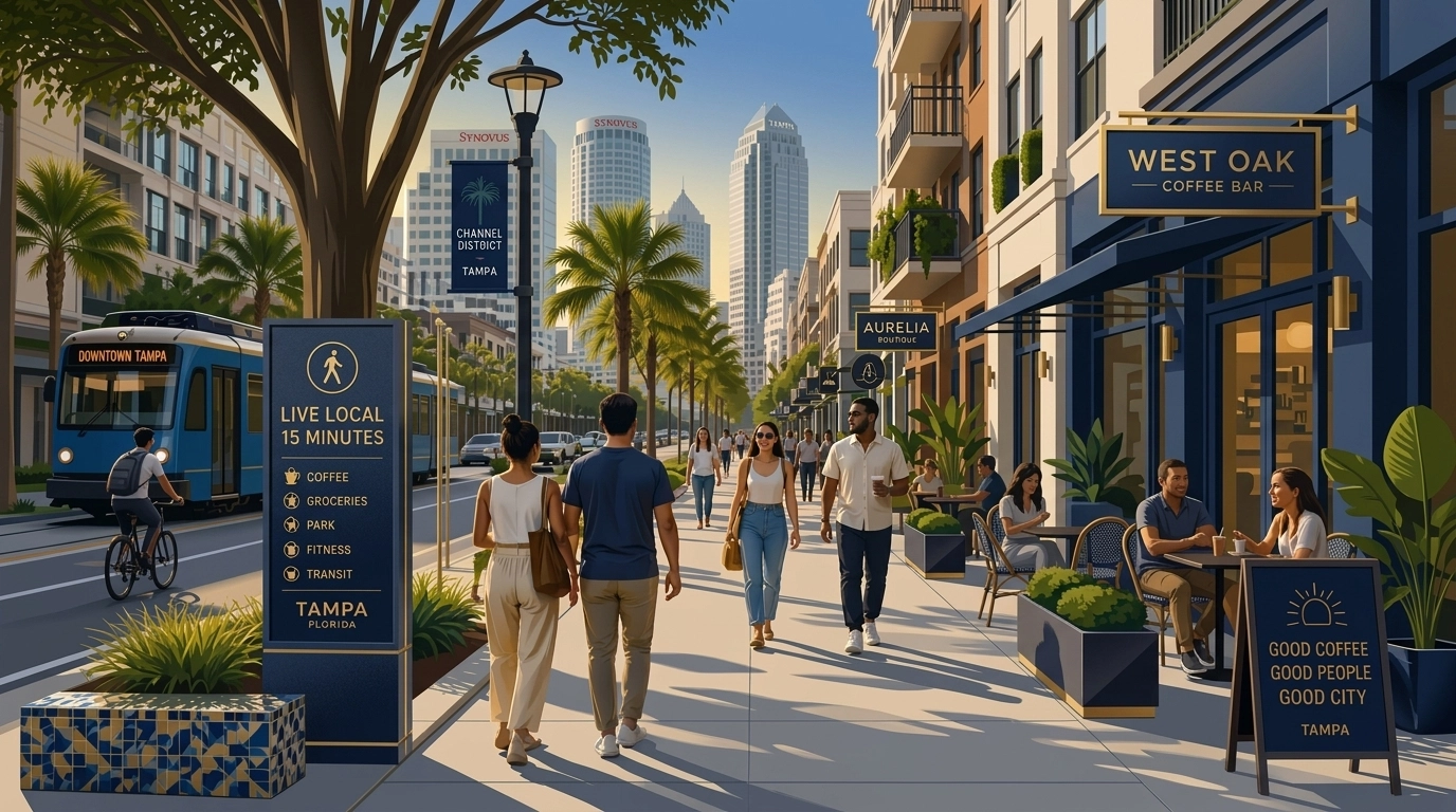 Vibrant walkable streetscape with cafes and retail representing the 15-minute city lifestyle in Tampa.