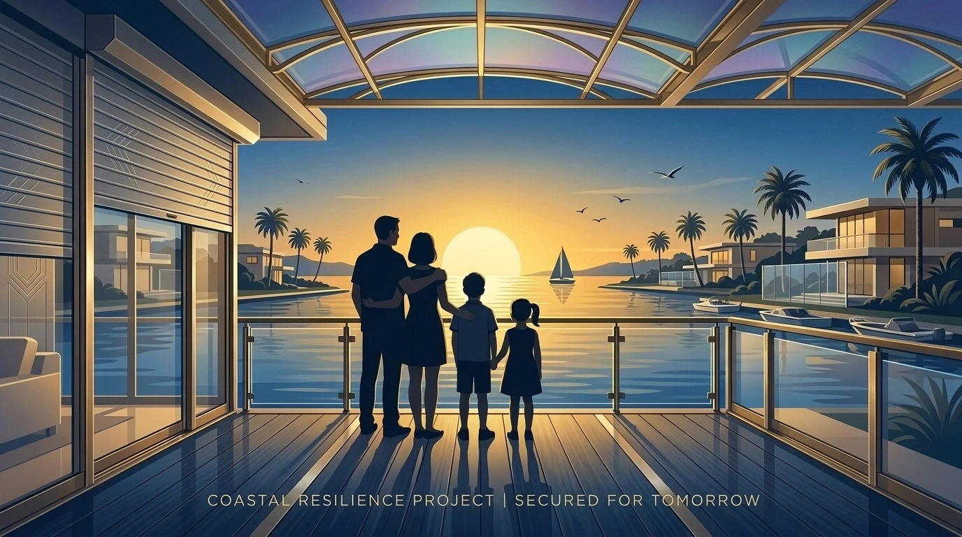 Family safe on a coastal balcony after completing their 2026 hurricane readiness plan.