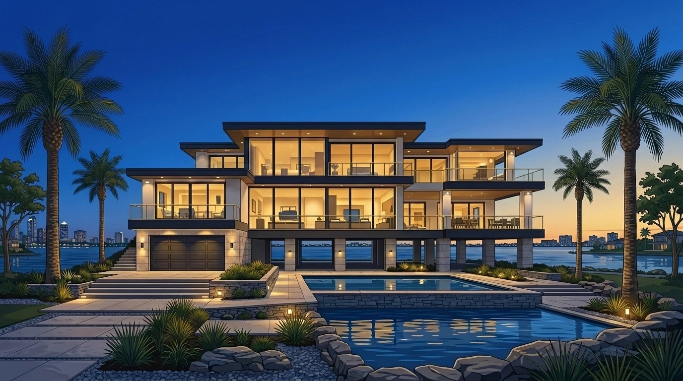 Hurricane-hardened waterfront property in Tampa Bay featuring wind-rated doors and resilient design.