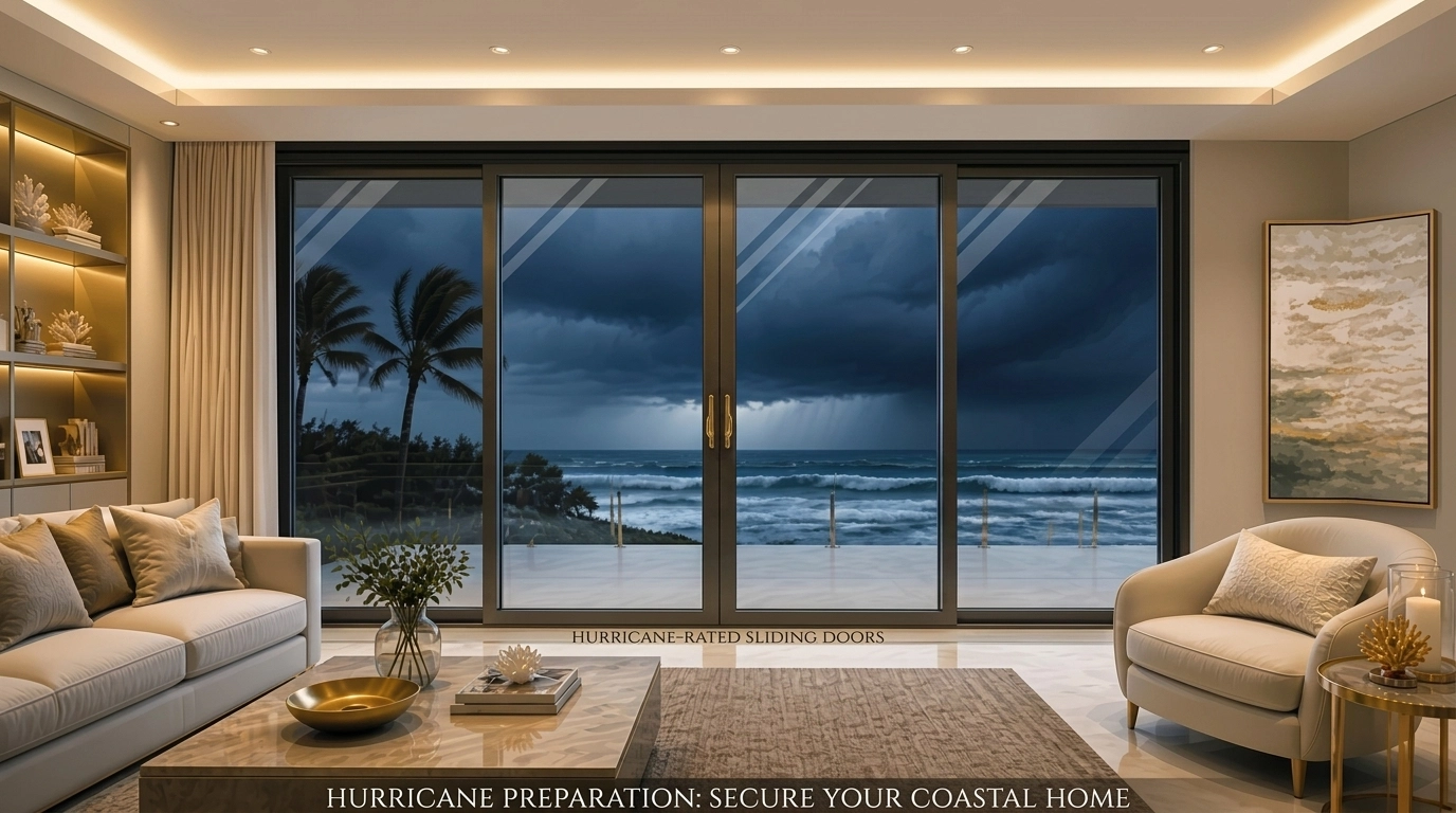 Modern coastal home interior featuring hurricane-rated impact glass sliding doors for storm protection.