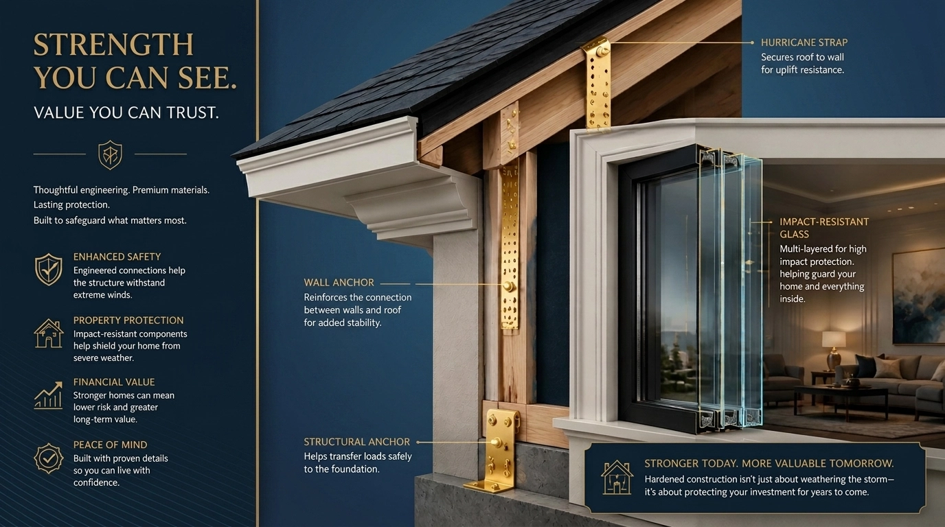 Home hardening structural details like hurricane straps and impact windows for lower insurance premiums.