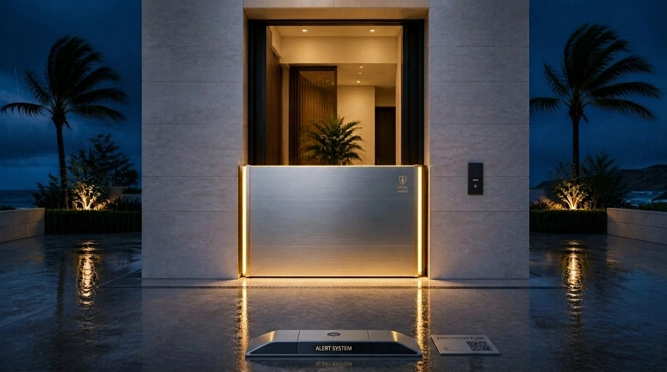 Modern aluminum flood shield installed on a coastal home entryway for 2026 hurricane season protection.