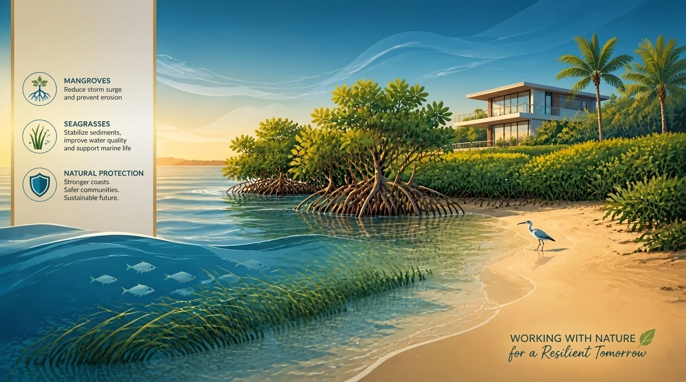 Natural living shoreline with mangroves and coastal plants protecting a modern home from storm surge.
