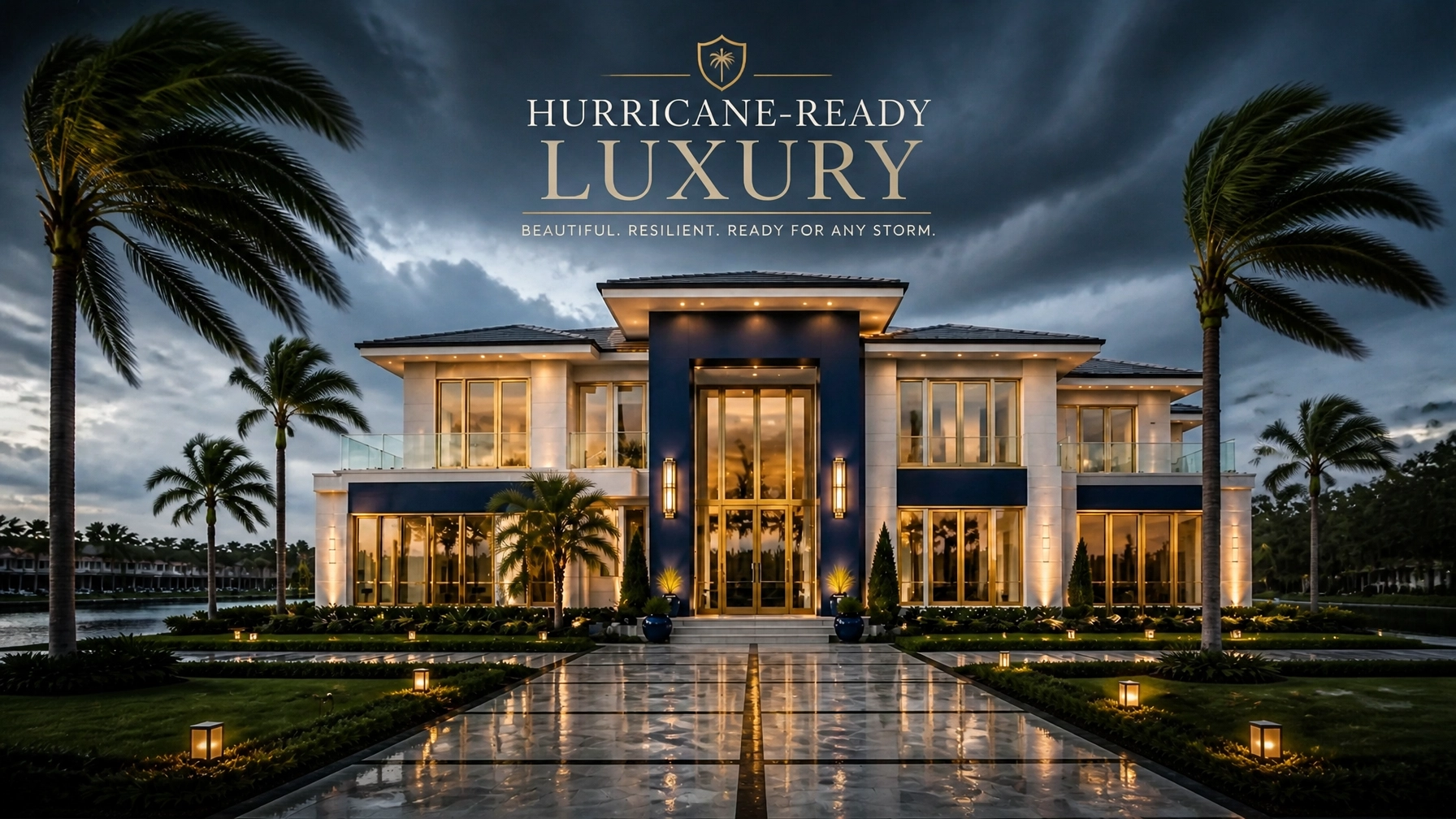 Resilient Florida estate with impact-resistant windows and hurricane-ready landscaping after a storm.