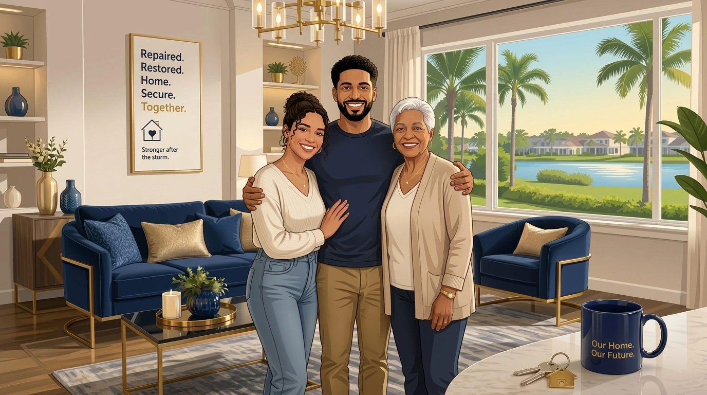 Diverse family enjoying a beautifully restored and repaired living room after the hurricane.