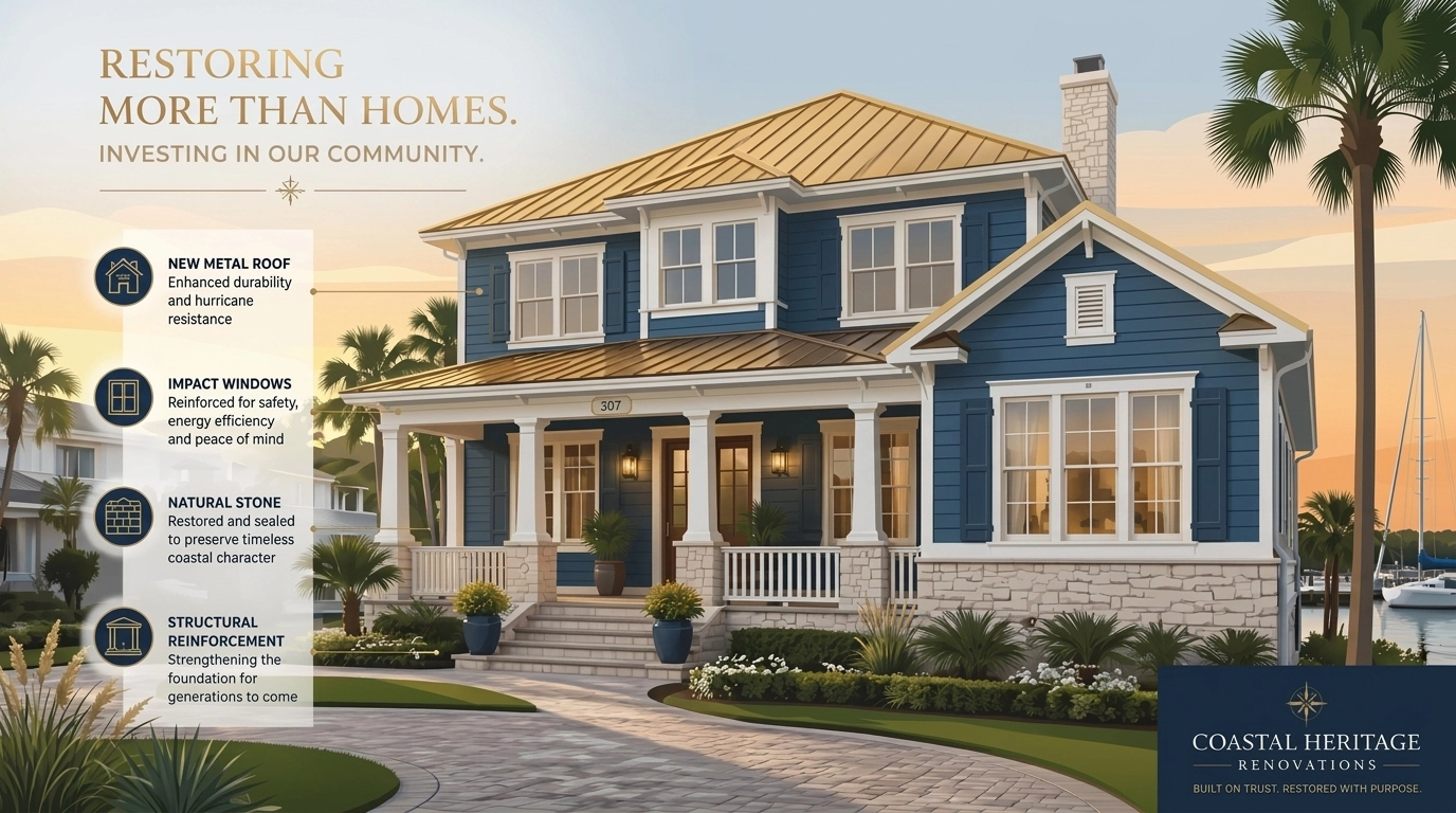 Luxury Florida home undergoing high-end renovations and hurricane damage repairs.