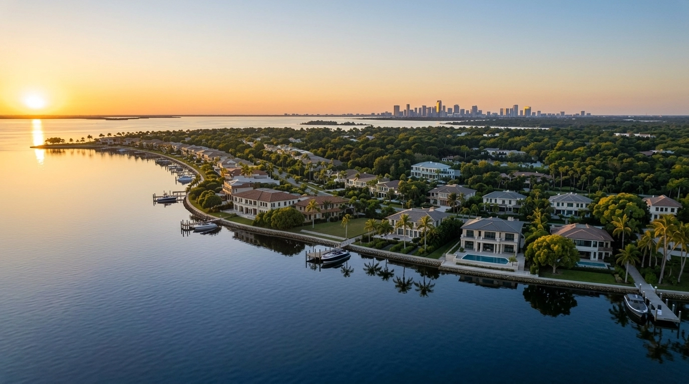 Aerial view of a protected Hillsborough waterfront community with resilient luxury real estate.