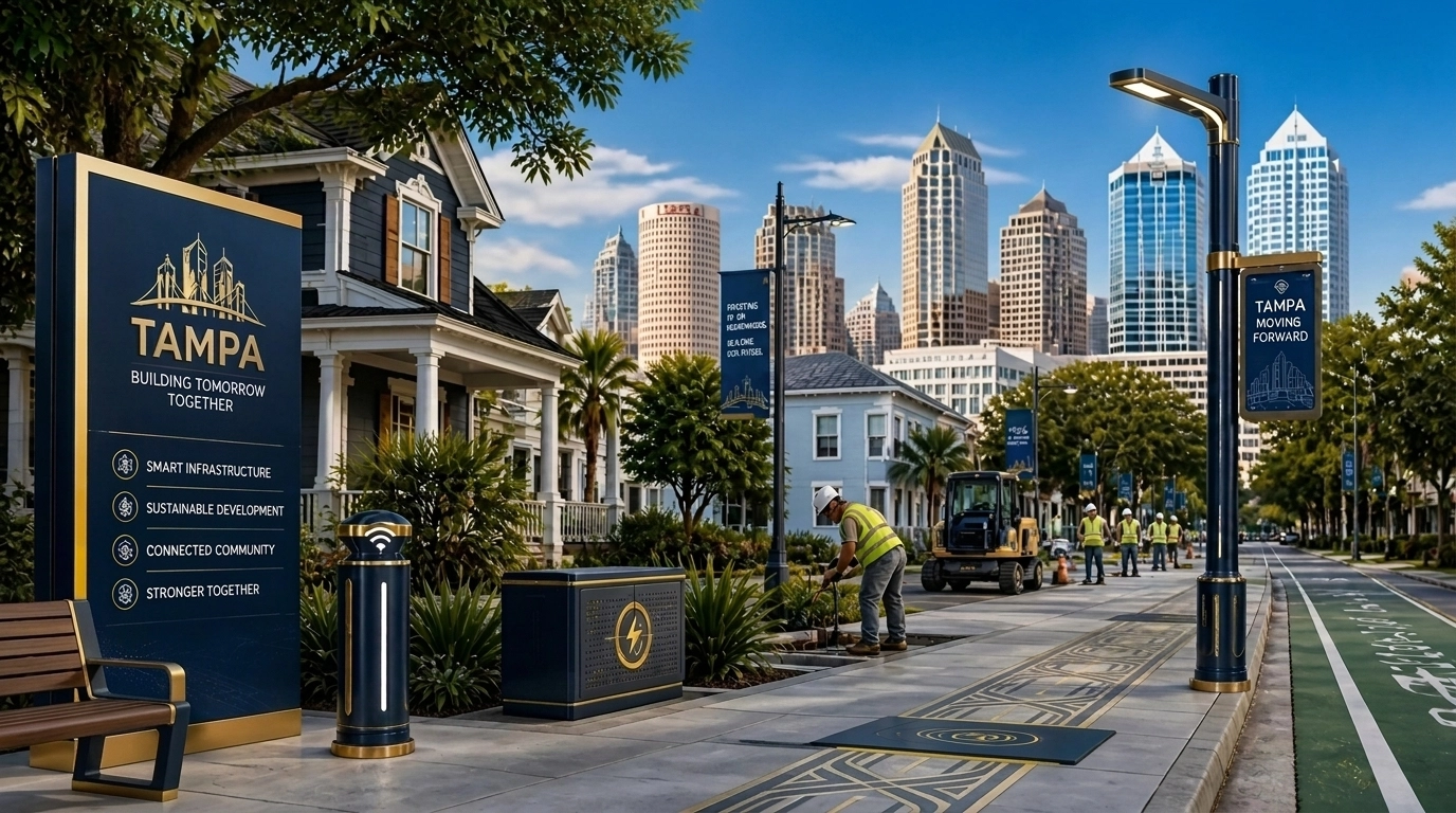 Infrastructure modernization and urban revitalization in a Tampa neighborhood with city skyline views.