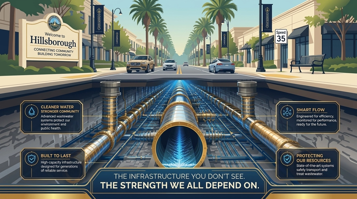 Underground wastewater infrastructure and pipe systems beneath a Hillsborough County street.