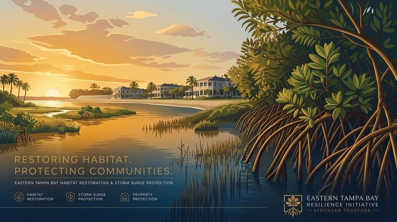 Coastal mangroves and restored wetlands protecting Eastern Tampa Bay properties from storm surges.