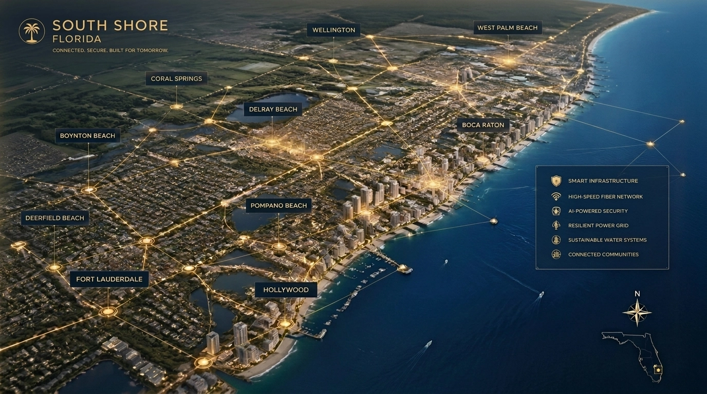Aerial map of South Shore Florida showing the $95M infrastructure and flood protection network.