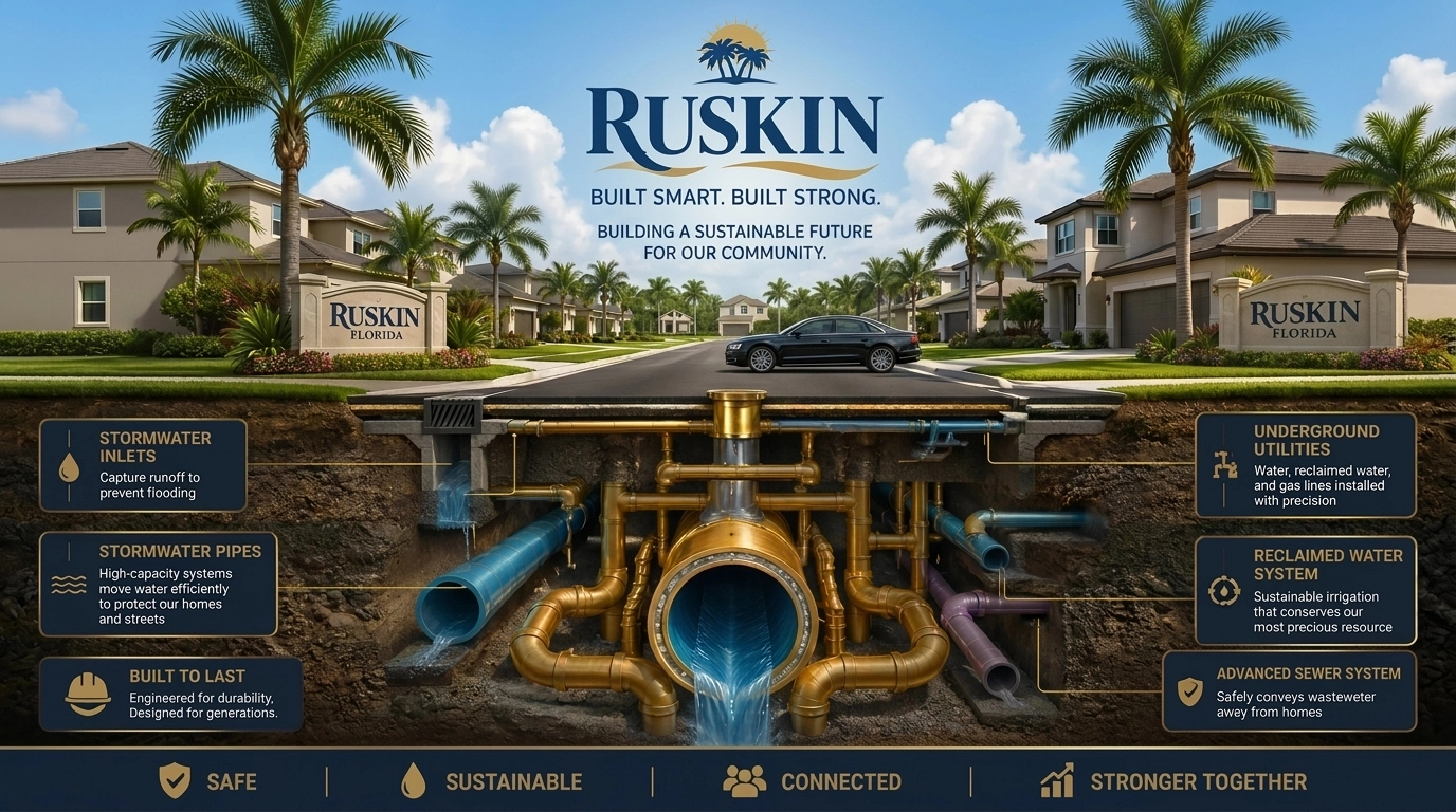 Underground view of modern sewer and drainage upgrades in a Ruskin residential neighborhood.