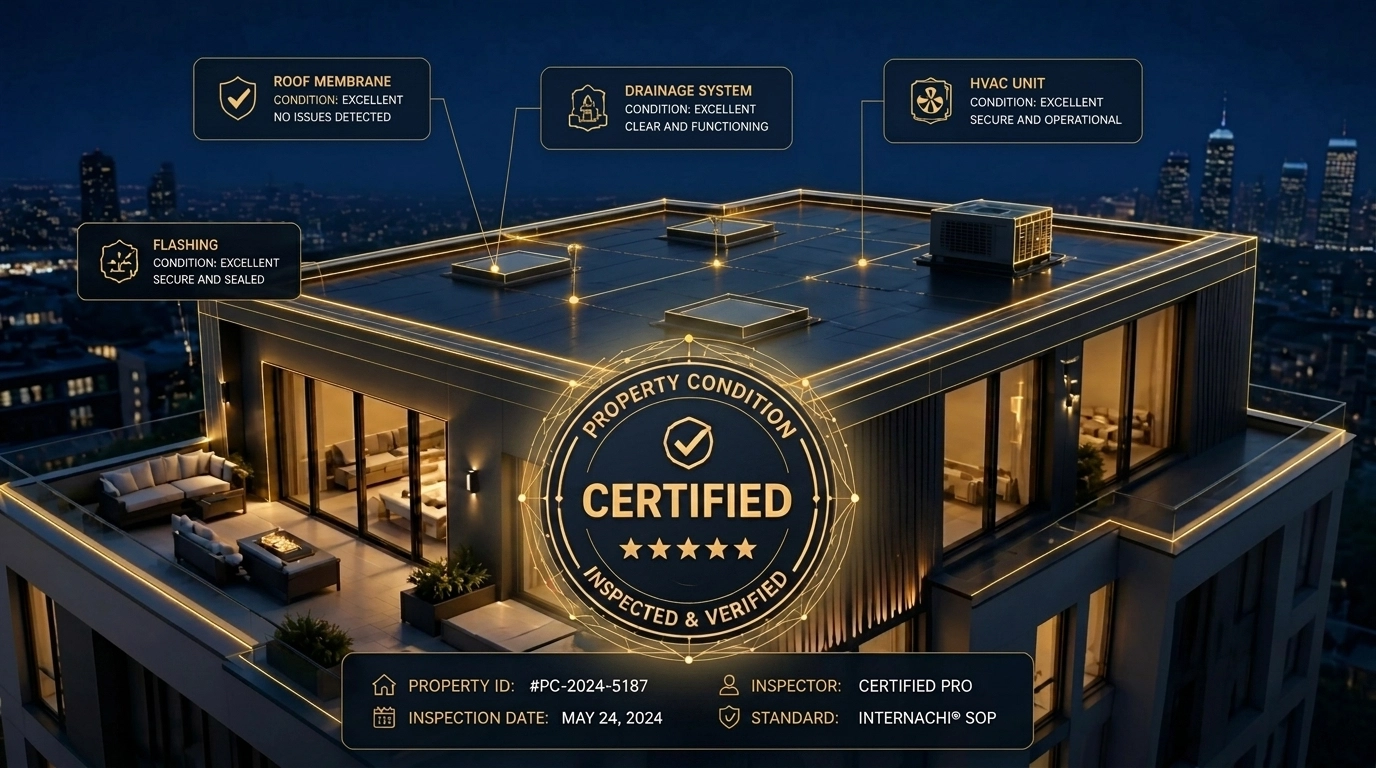A modern house roof featuring a gold seal representing a professional inspection and certification.