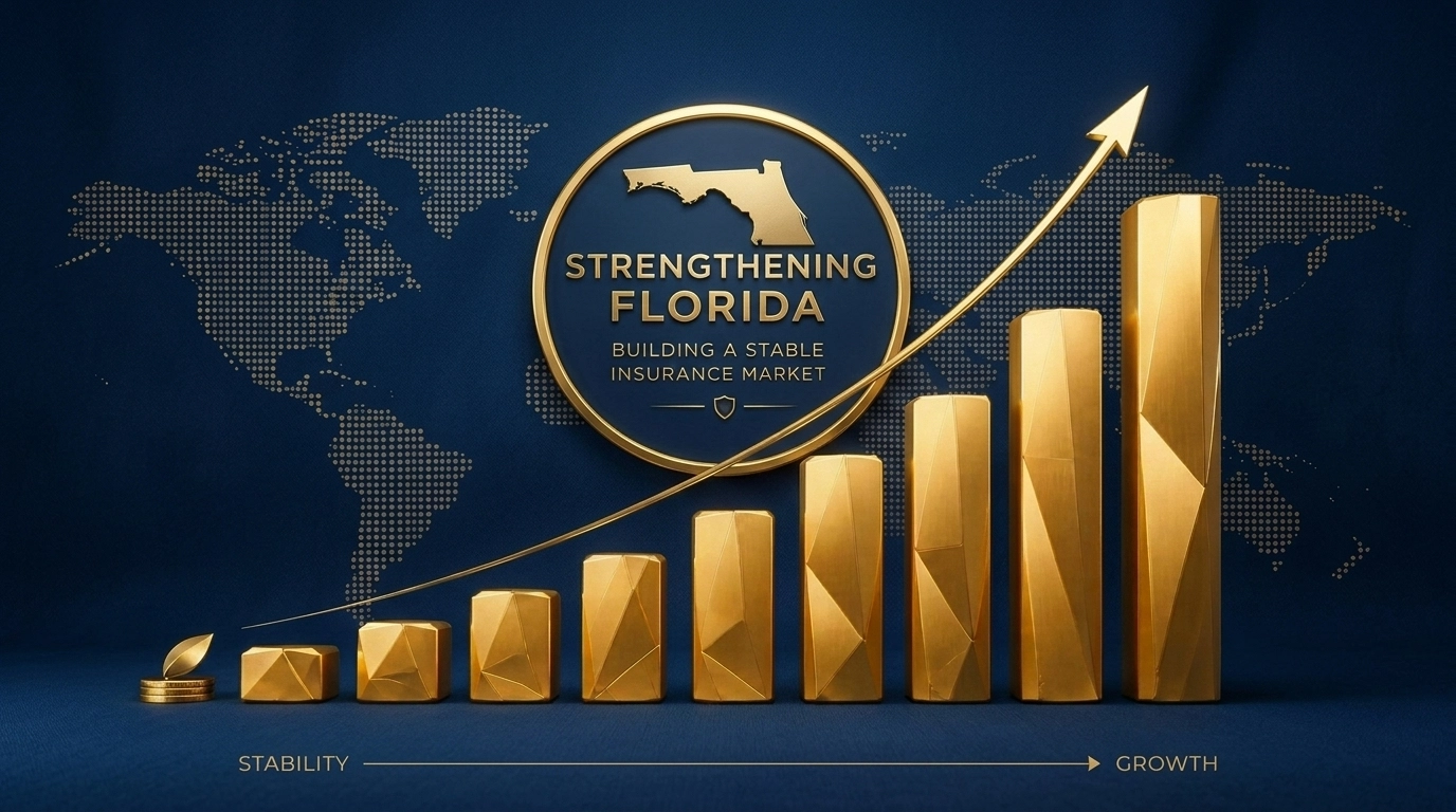 Golden pillars rising to represent the stabilization and recovery of the Florida insurance market.