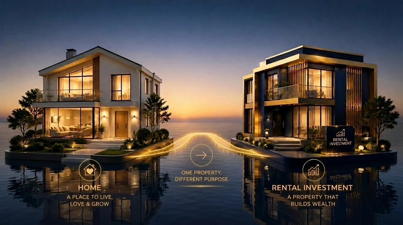 Stylish houses illustrating the transition from a primary home to a rental property investment.