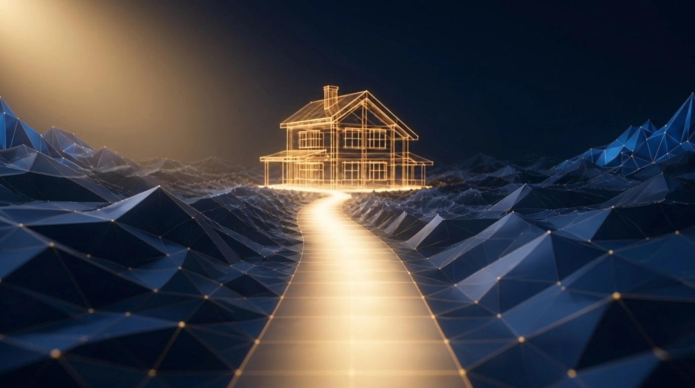 Gold architectural house frame amidst blue waves, depicting 2026 real estate market volatility.