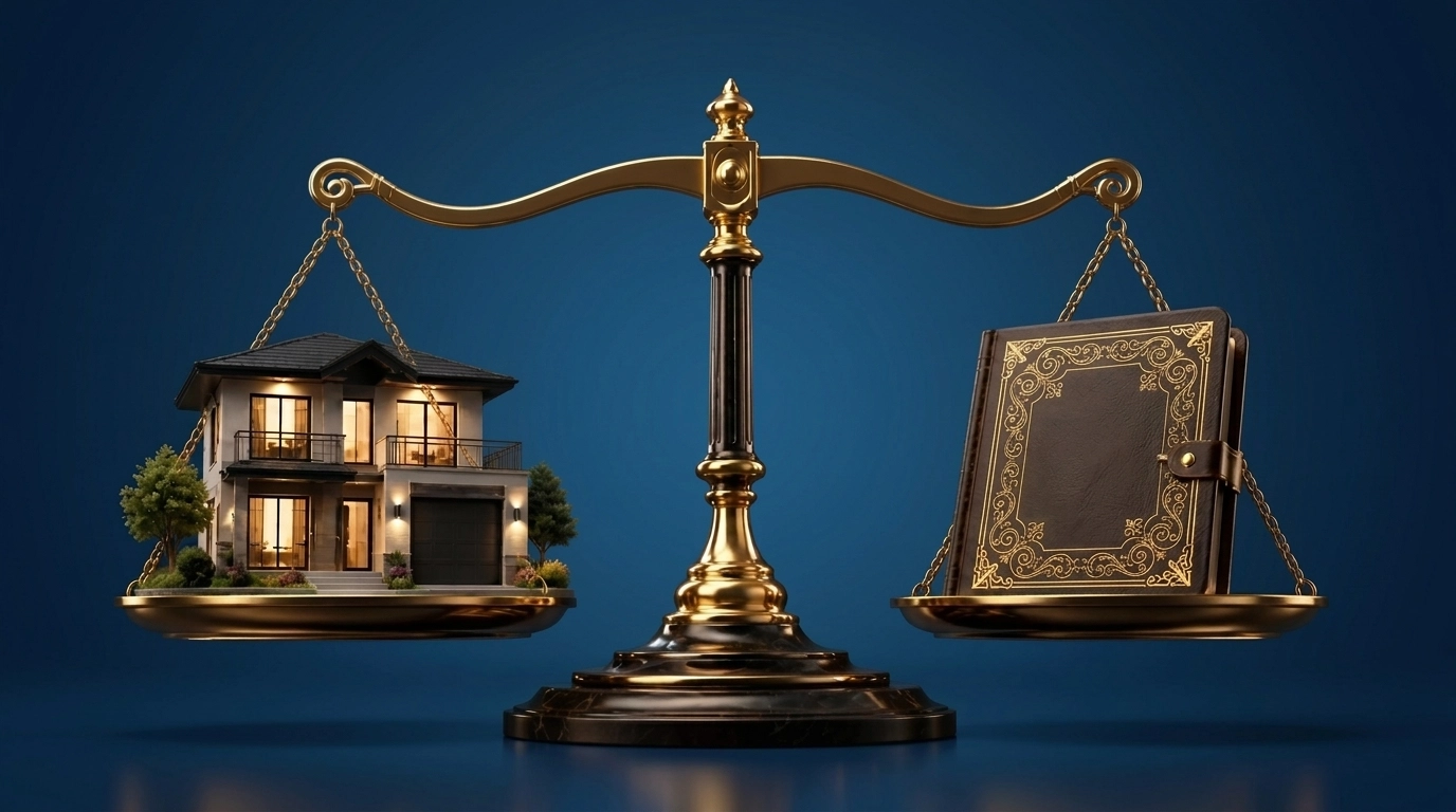 Luxury house balanced on a scale against an insurance policy, representing landlord premium costs.
