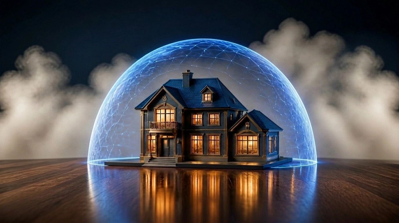Miniature home protected by a digital shield, representing landlord liability and rent loss coverage.