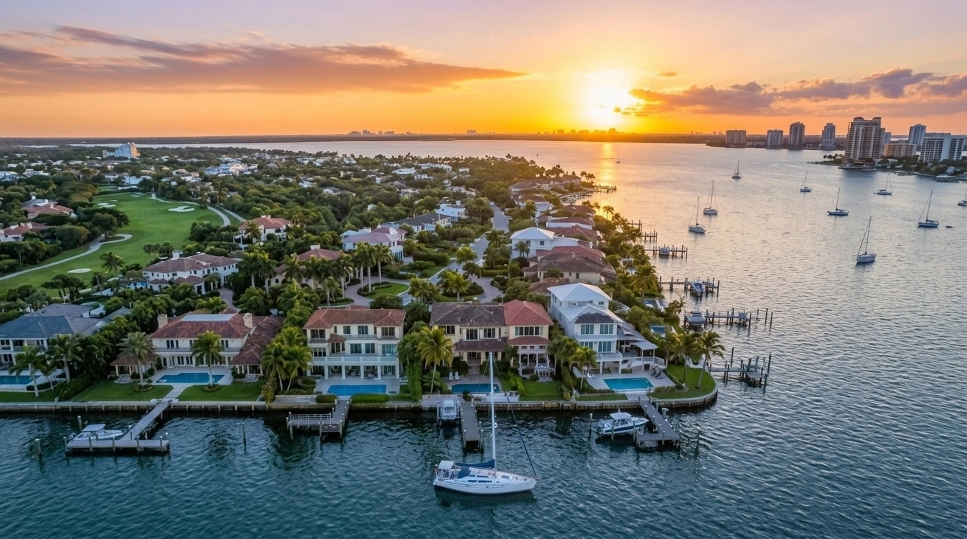 Aerial view of Tierra Verde waterfront homes at sunset, showcasing the Florida coastal lifestyle.