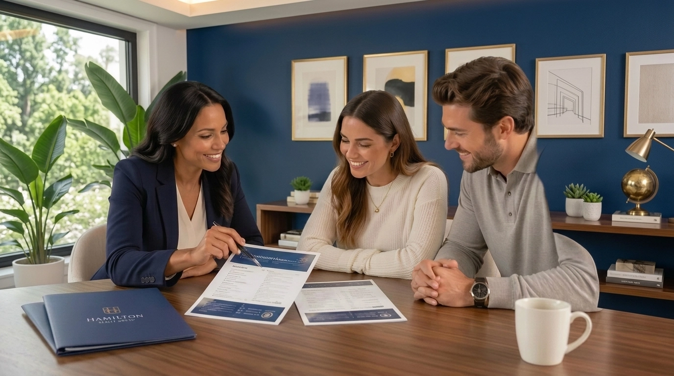 Real estate professional reviewing property insurance and flood policy documents with clients.