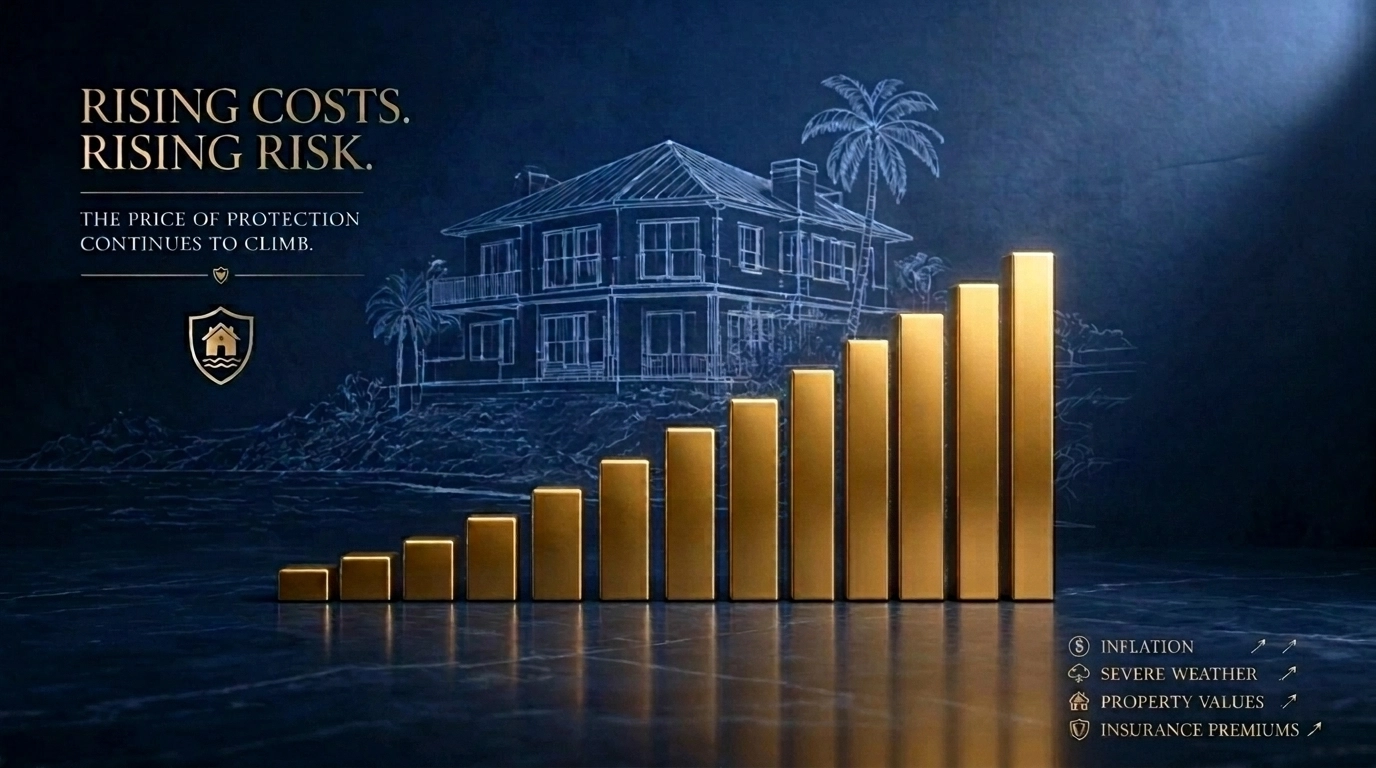 Rising graph pillars illustrating the steady increase of FEMA flood insurance premiums in Florida.
