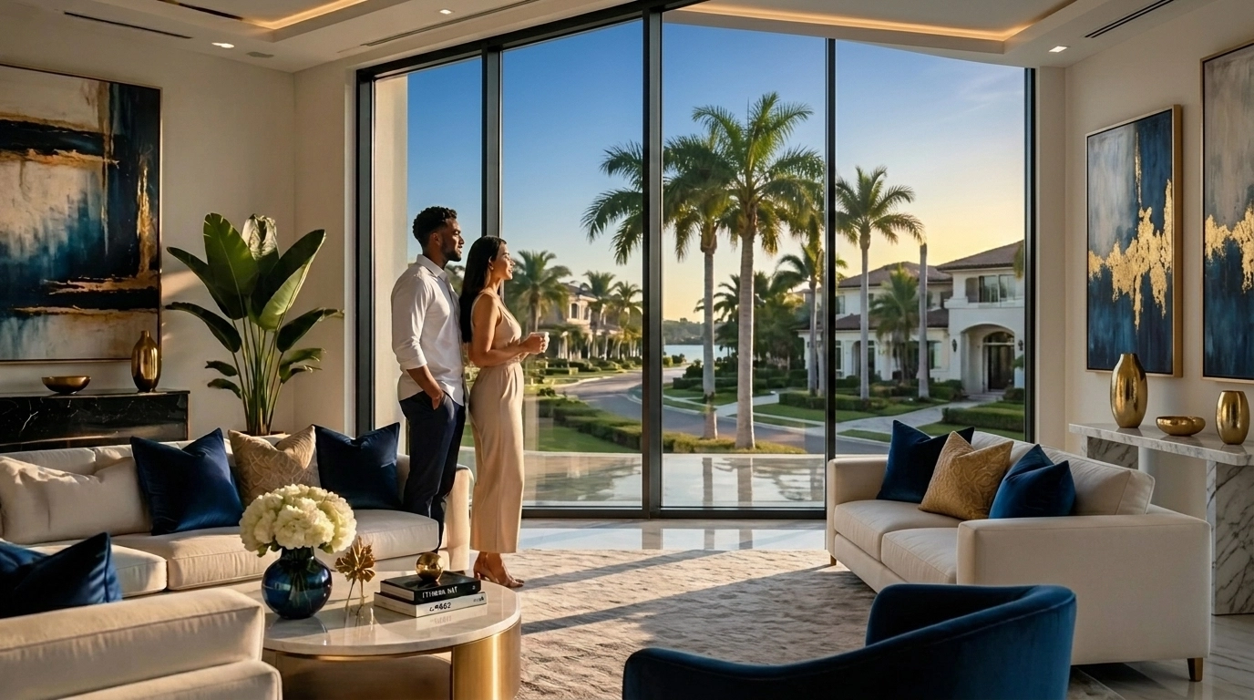 A couple viewing a Tampa Bay neighborhood from a luxury home, reflecting increased inventory in the 2026 market.