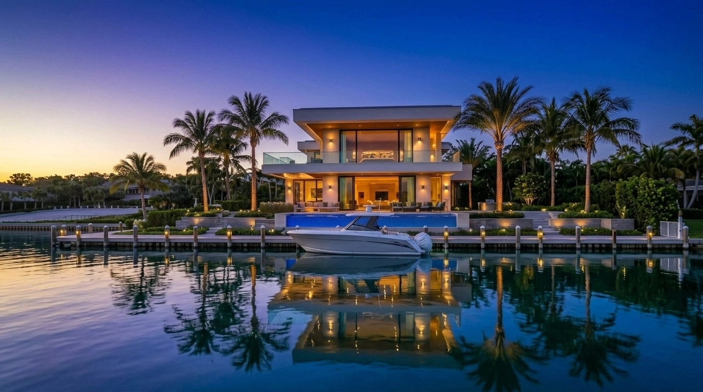 A luxury waterfront estate in Tierra Verde at sunset, highlighting the coastal Florida real estate market.