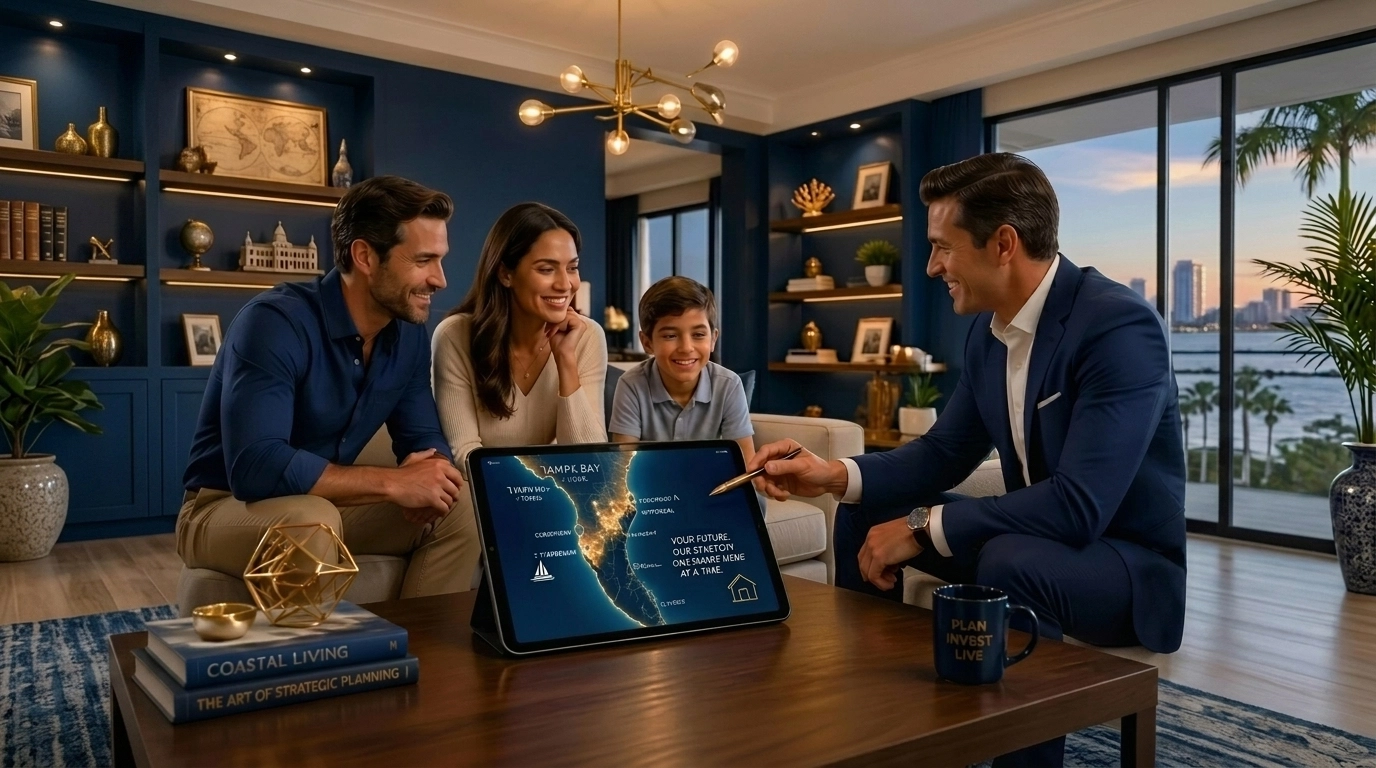 A real estate advisor and family using a digital map to plan a home purchase in the Tampa Bay area.