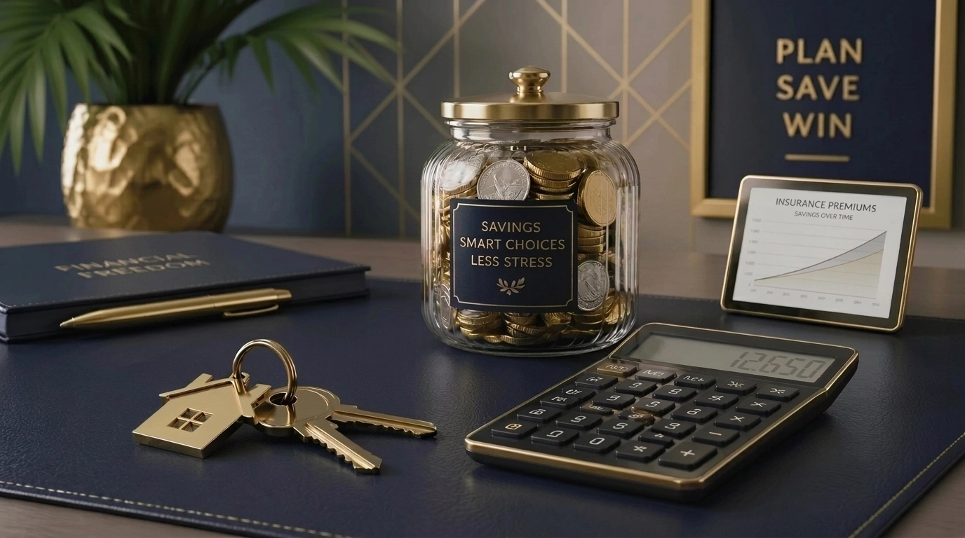 Home keys and a calculator on a desk symbolizing Florida insurance premium savings and improved buying power.