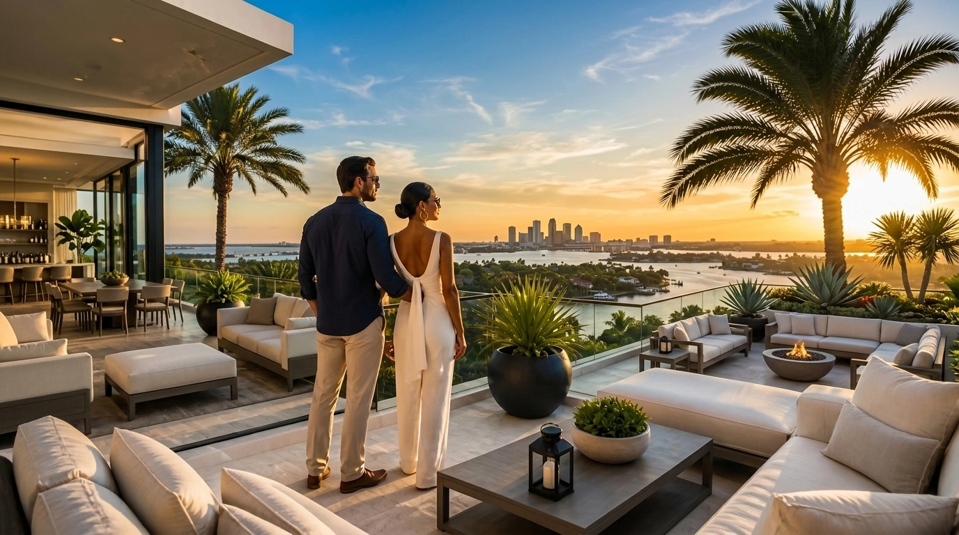 A couple overlooking a tropical Florida landscape from a terrace in the Tampa Bay area.