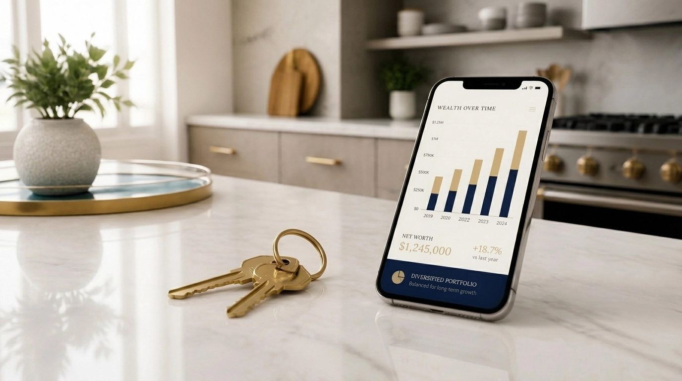 House keys and financial charts on a marble counter showing profits from Tampa home rentals.