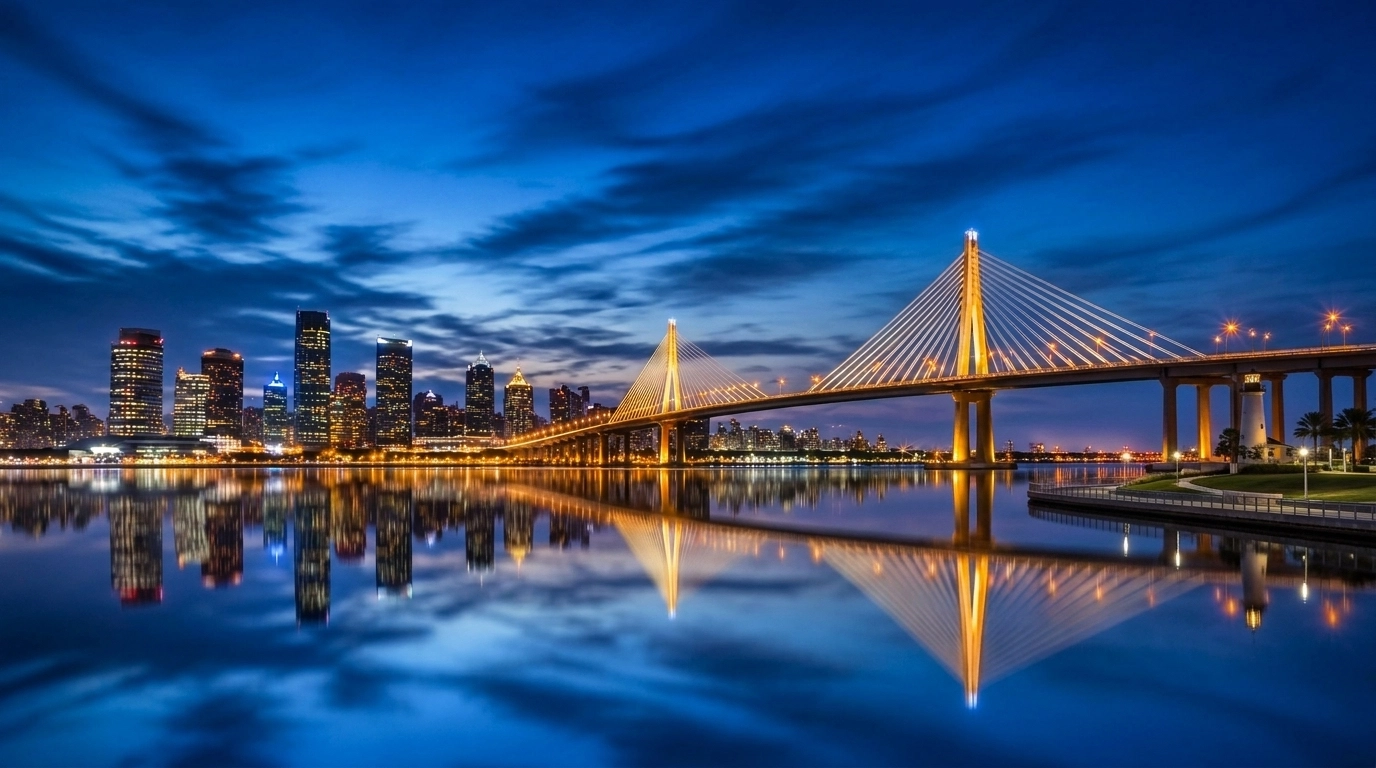 The Tampa Bay bridge and city skyline at night symbolizing long-term real estate investment stability.