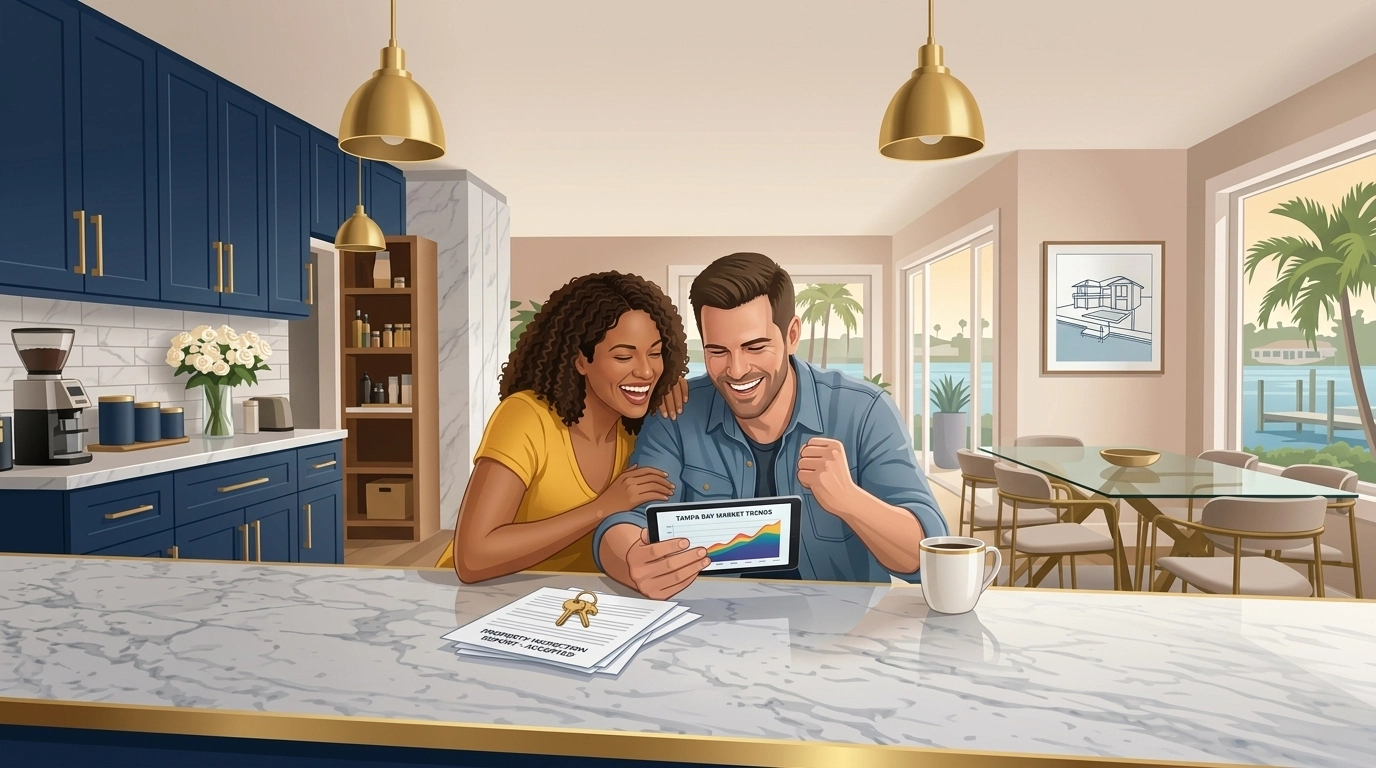 A happy couple reviewing home inspection documents and market data in a modern Tampa Bay kitchen.
