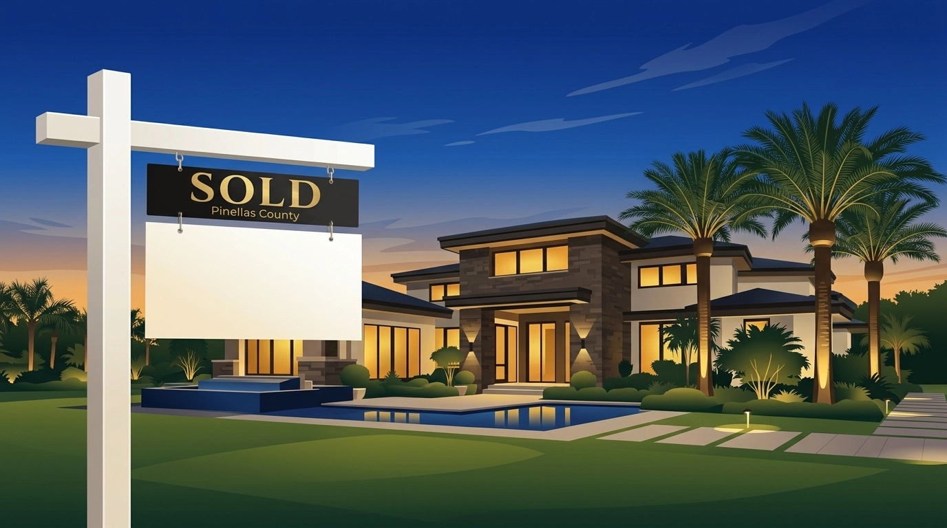 A sold real estate sign on the front lawn of a beautiful modern home in Pinellas County at sunset.