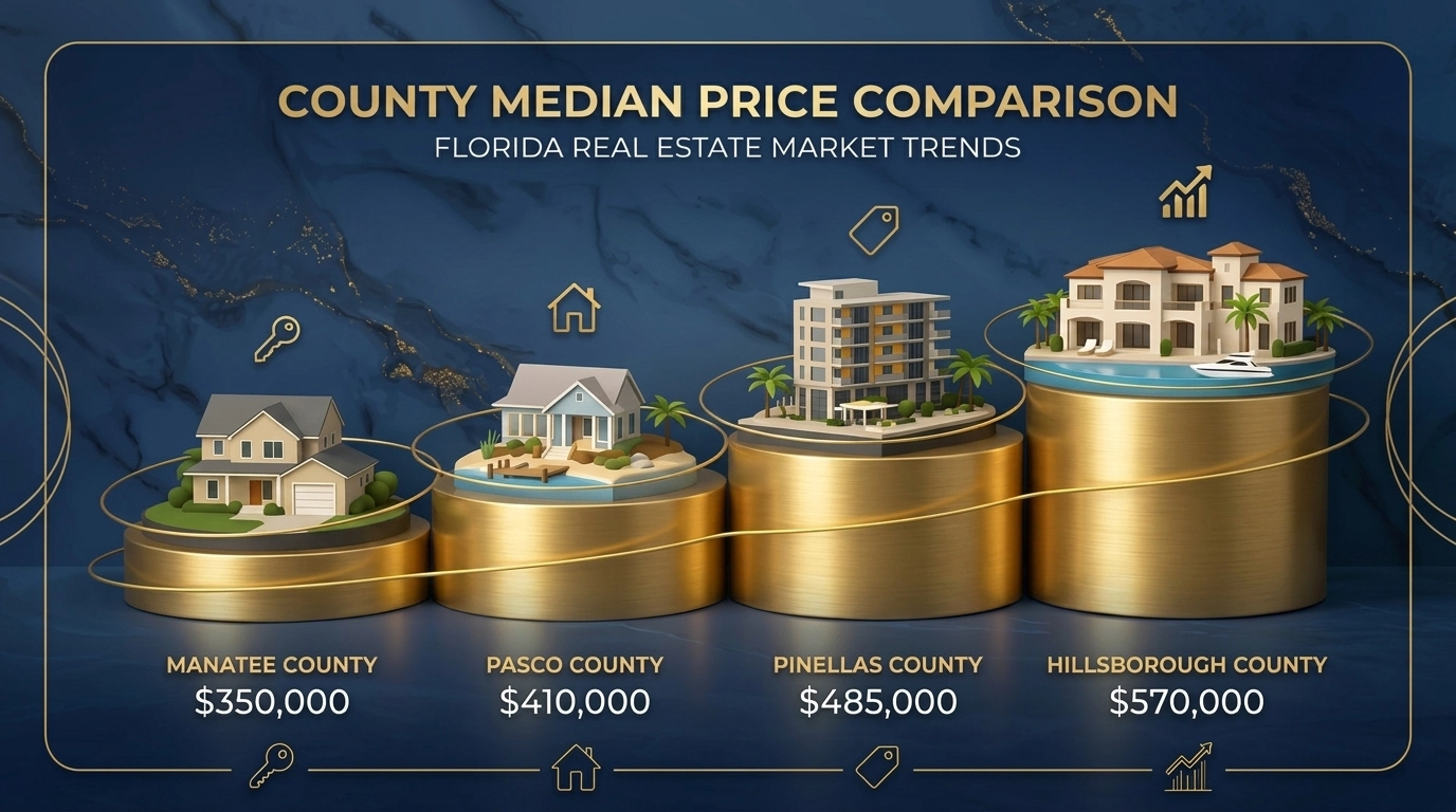 Comparison of median home prices for Hillsborough, Pinellas, Pasco, and Manatee counties on display stands.