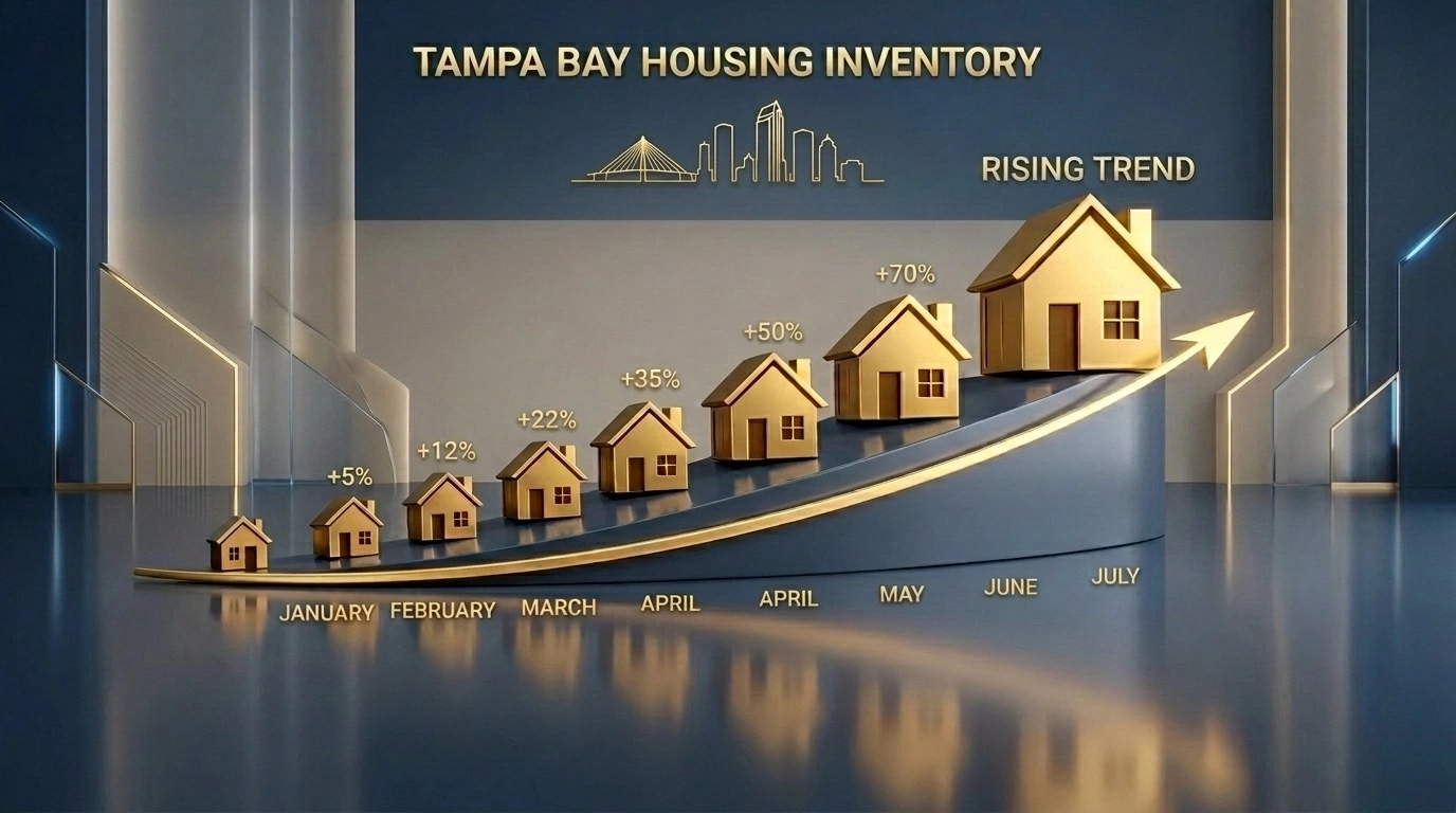 Graphic of golden houses along a rising line representing increasing Tampa Bay real estate inventory levels.