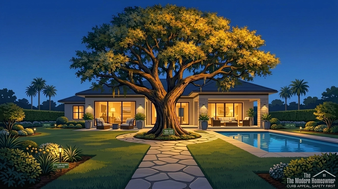 A professionally pruned Live Oak tree in a Tampa backyard, showing safe clearance for hurricane season.