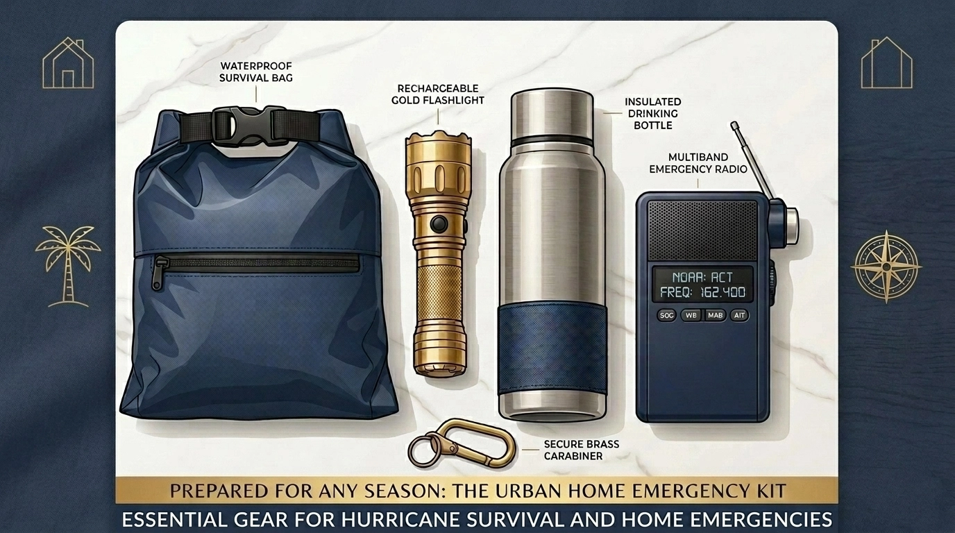 A stylish hurricane survival kit with a waterproof bag, flashlight, and emergency supplies on a marble surface.