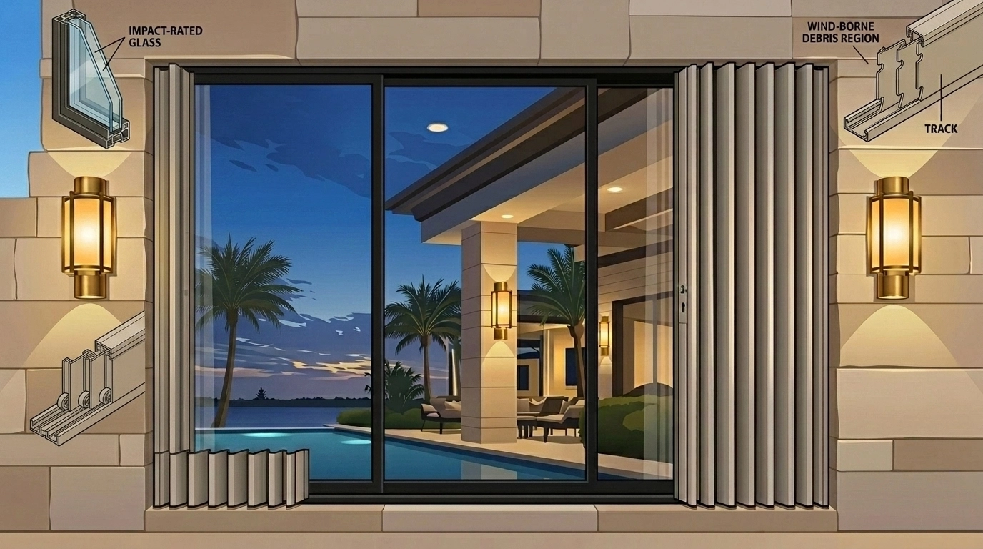 Impact-resistant windows and accordion hurricane shutters on a modern Florida home for seasonal storm protection.