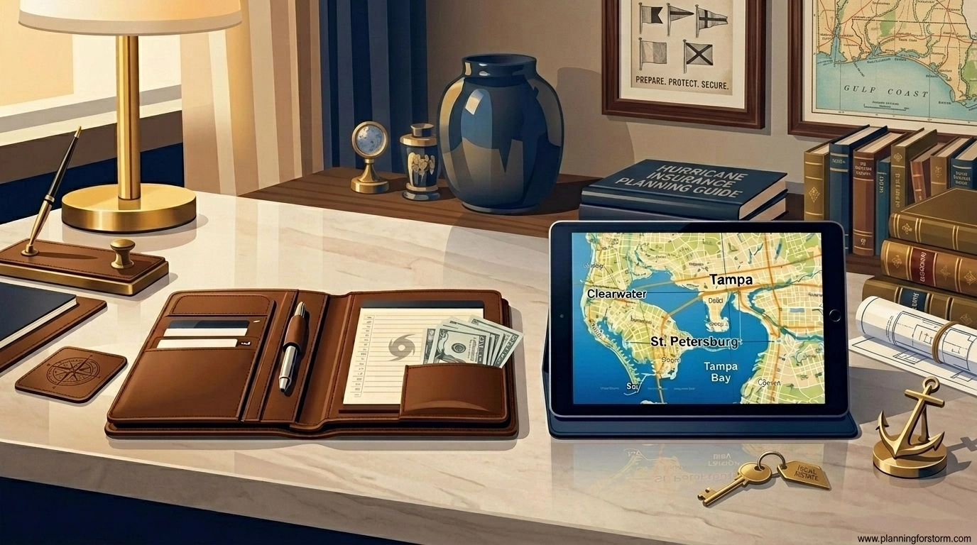 Modern home office with a map of Tampa Bay, representing hurricane insurance planning and financial storm prep.