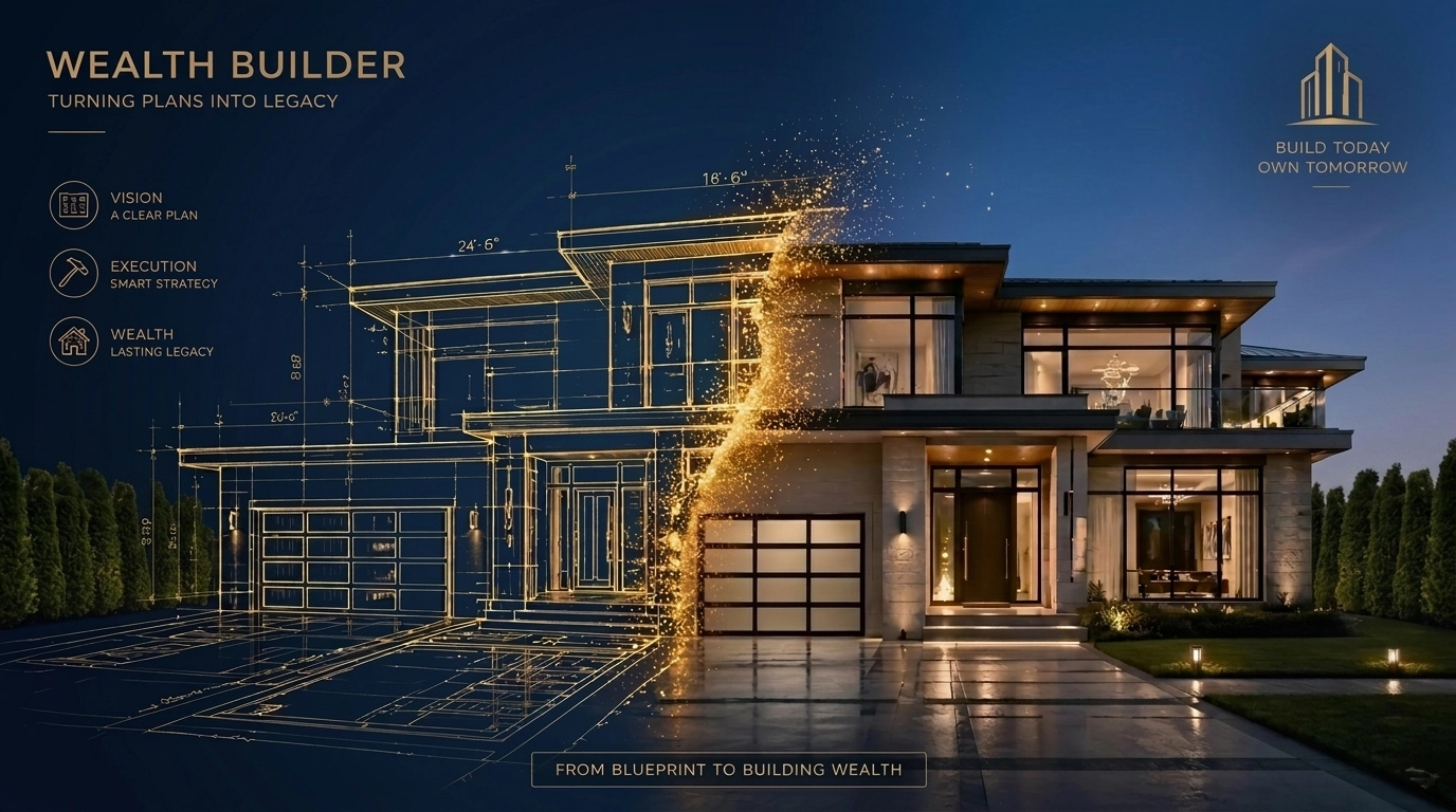 Architectural house blueprint morphing into a luxury home for real estate wealth building.