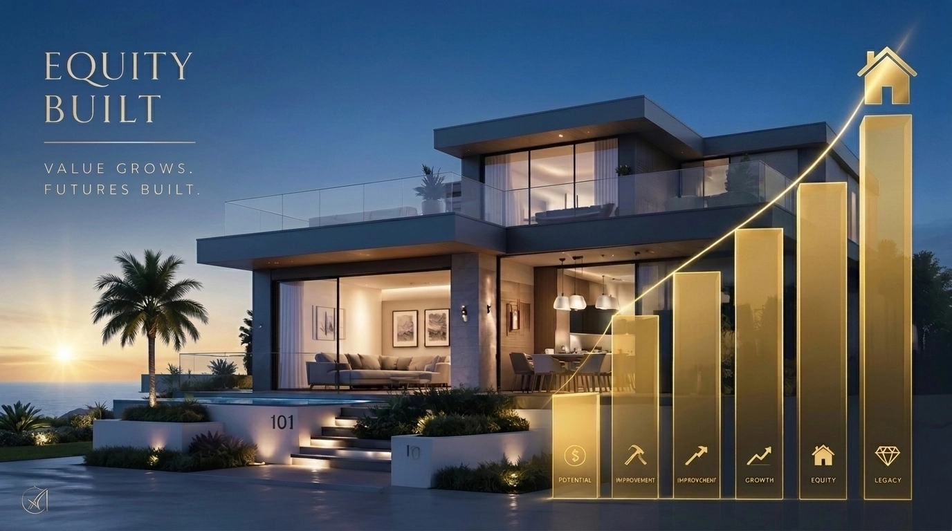 Modern coastal home showing real estate equity growth through resilience grants.