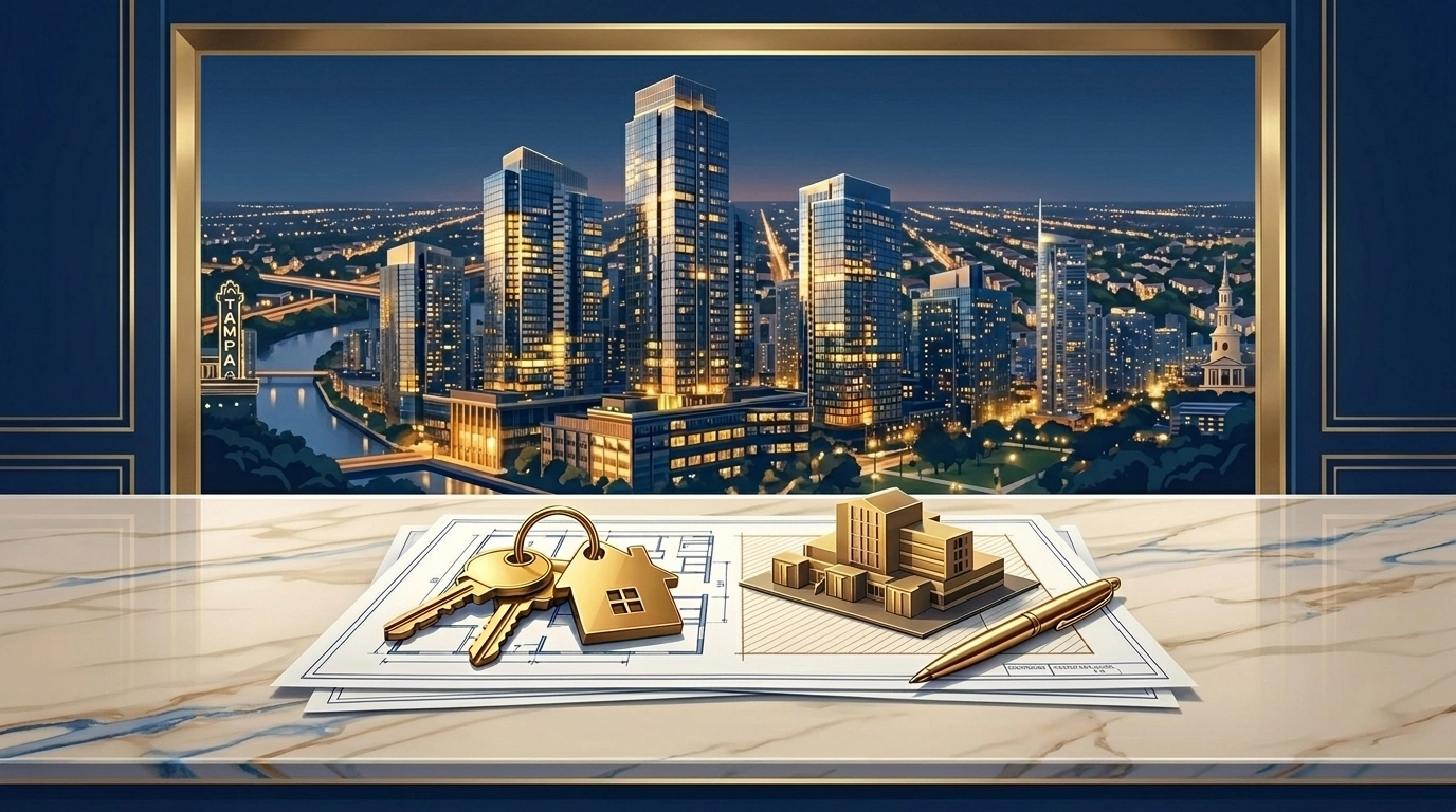 Golden keys and blueprints in front of a city skyline illustrating property value growth and investment.