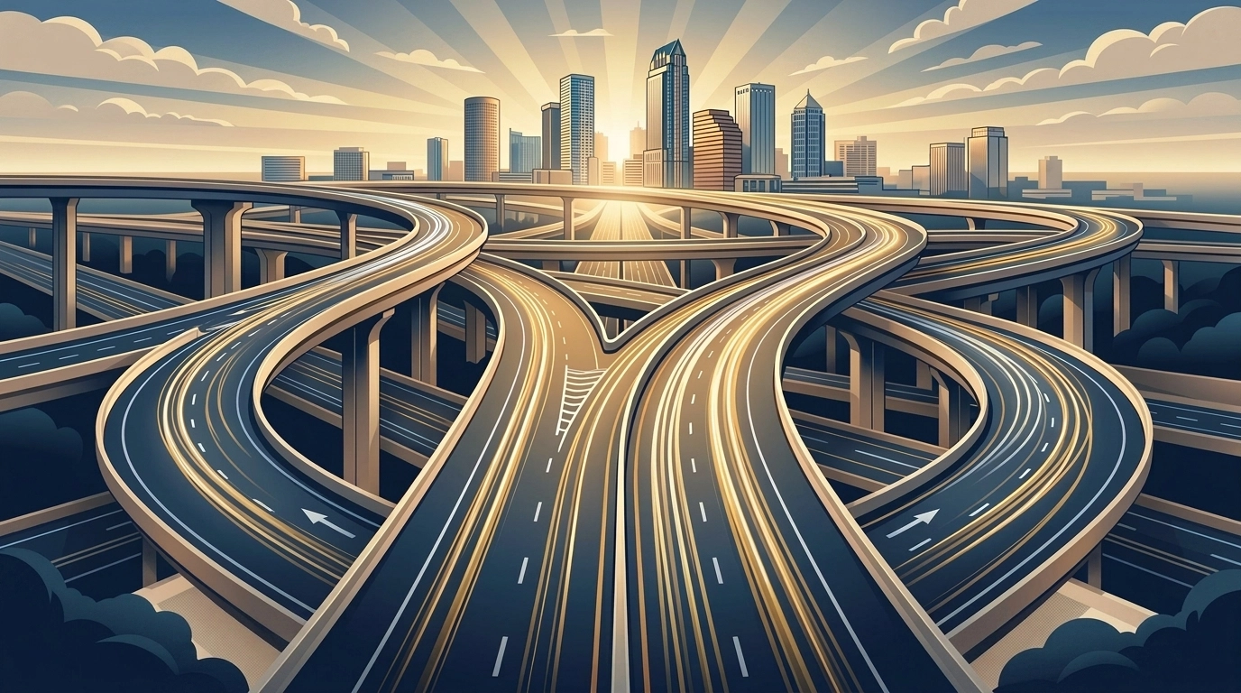 Modern highway flyover ramps at sunrise symbolizing the billion-dollar Westshore Interchange overhaul.