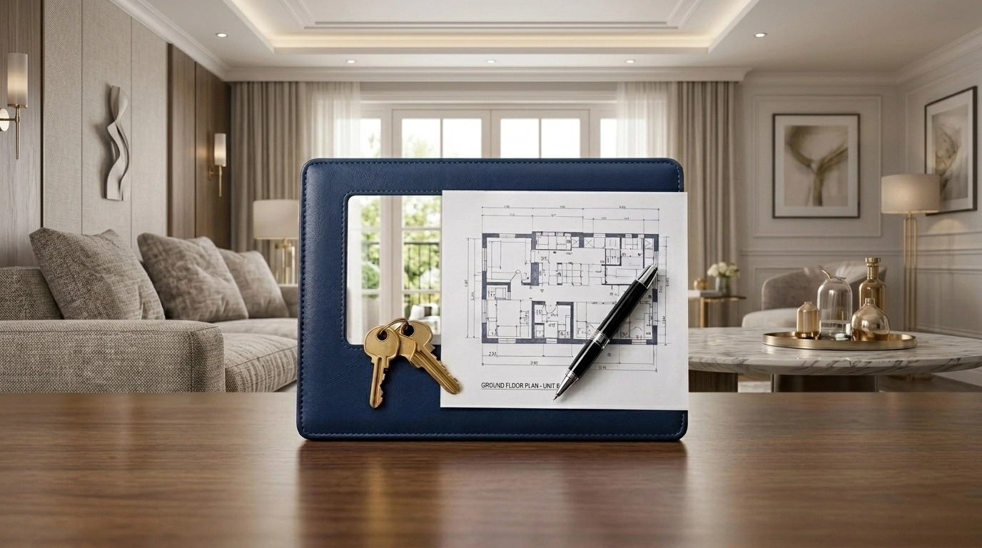 Gold house keys on a professional portfolio symbolizing a strategic real estate transaction and successful closing.