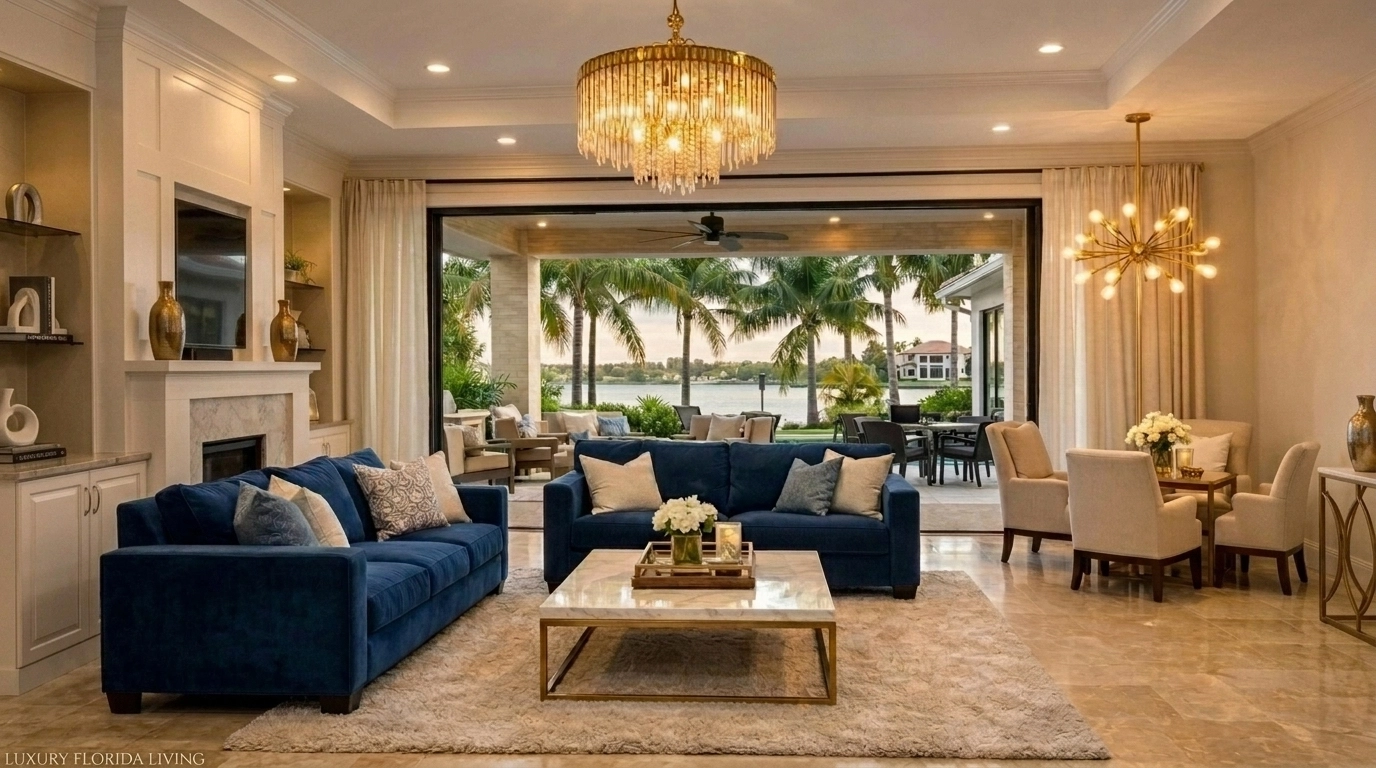 Luxurious open-concept Florida living room with views of palm trees, perfect for modern Tampa Bay living.
