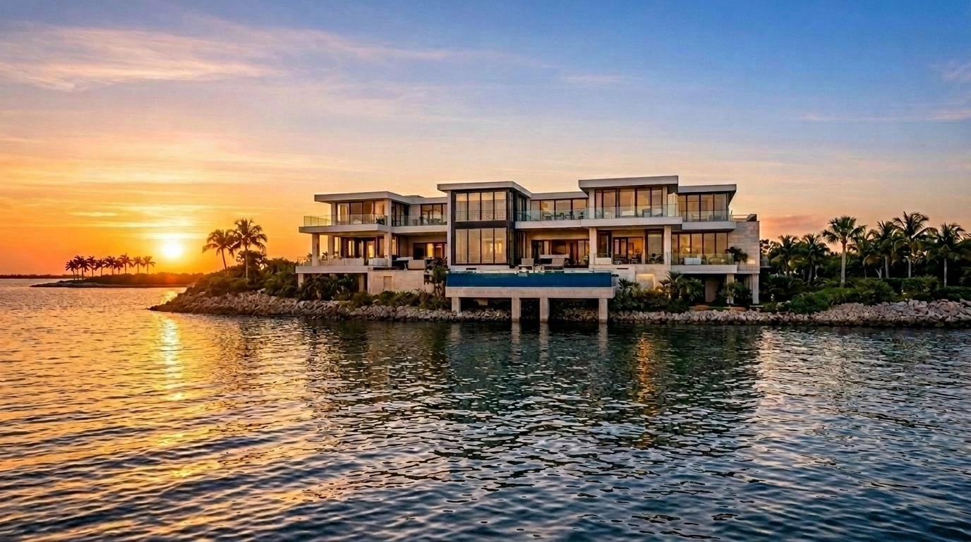 Modern Pinellas County waterfront estate at sunset highlighting high elevation and premium coastal living.