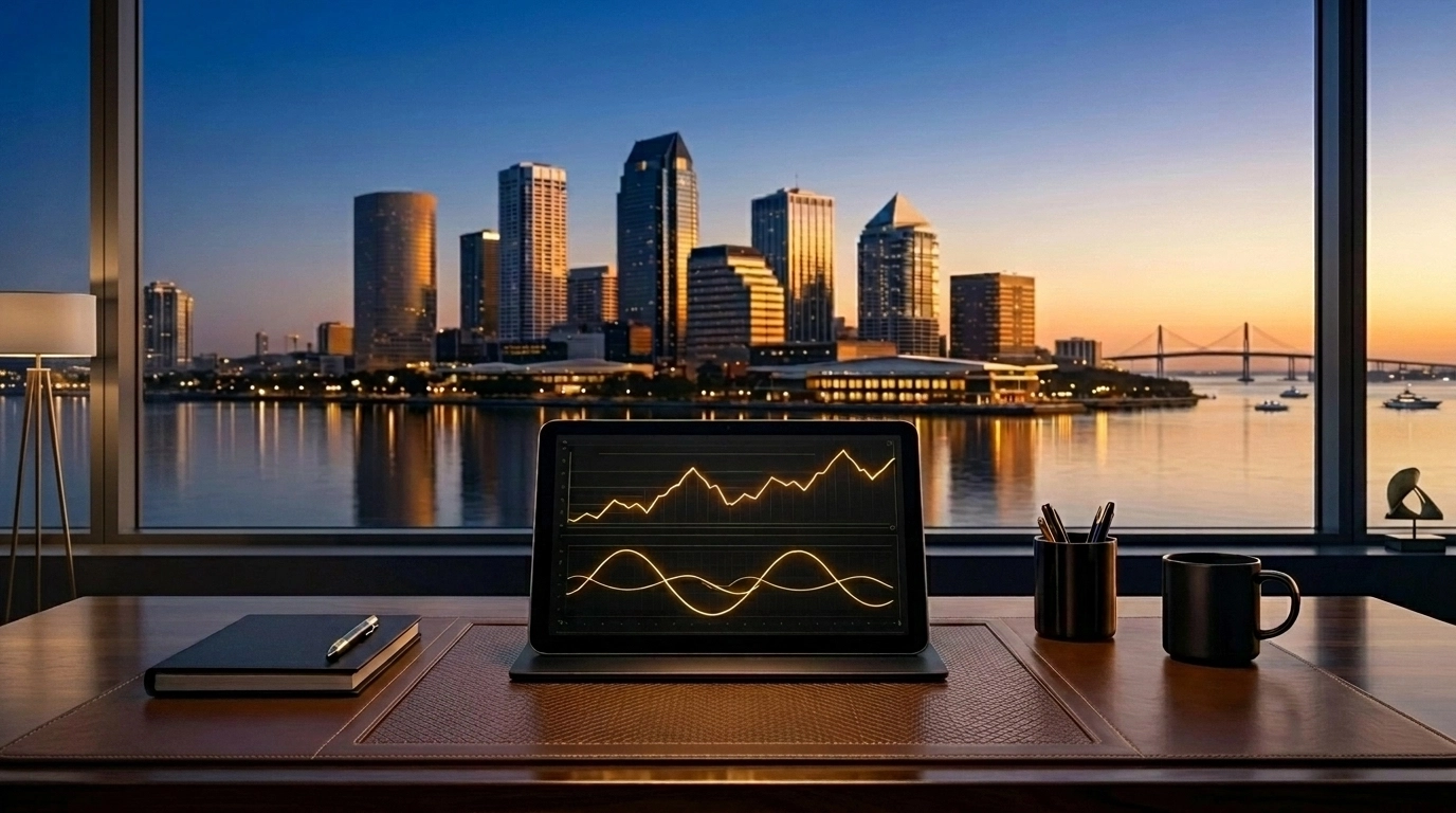 Office overlooking Tampa Bay skyline with a digital tablet showing stable real estate market trends and rates.