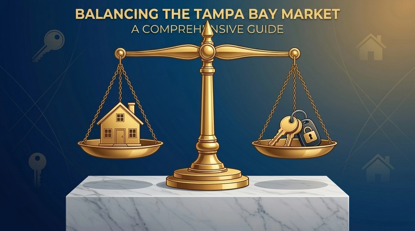 Golden balance scale with a house and keys representing a balanced Tampa Bay real estate market.